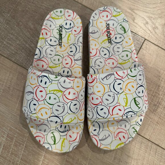 Joe Boxer Womens Slide Sandals Smiley Face Print Size 7 White Multicolor - Picture 1 of 5